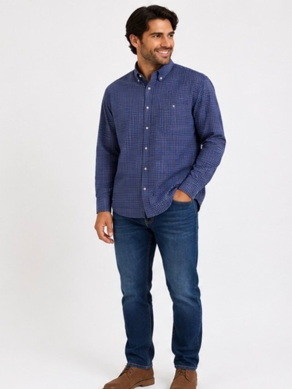 Lands' End Mens Large 16-16.5 No Iron Plaid Button Down Shirt Blue Red Tradition